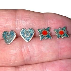 Set of two pair of turquoise hand-made post earrings in silver